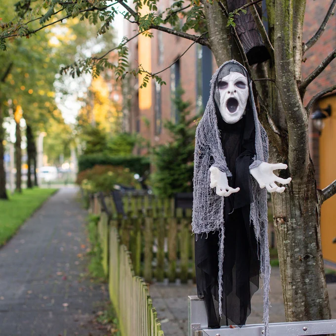 A ghoul decoration hangs from a tree