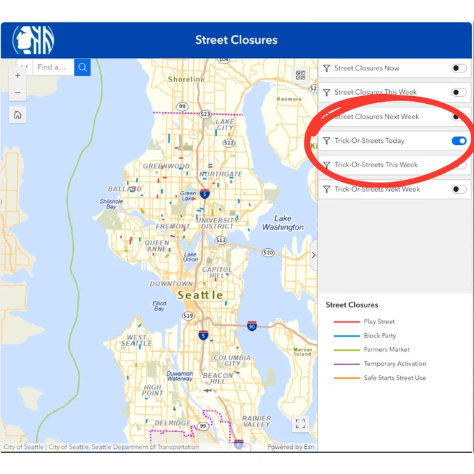 A map of Street Closures in Seattle, with a red circle over the slider that chooses "Trick-or-Streets today" to show street closures for this evening.