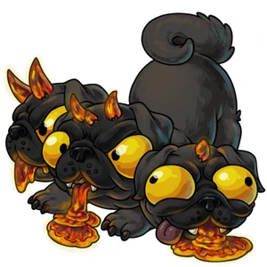 A soot-black three-headed puglike creature is doing a play crouch towards the viewer, curled tail up in the air and wagging.  Surtrphug's bulging yellow eyes and stuck-out tongue encourage the viewer to play with it, despite the lava drool and fangs and glowing orange horns.