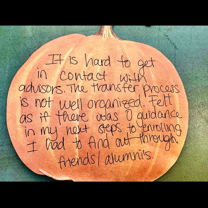 A pumpkin-shaped note reads “It is hard to get in contact with advisors. The transfer process is not well-organized. Felt as if there was zero guidance”