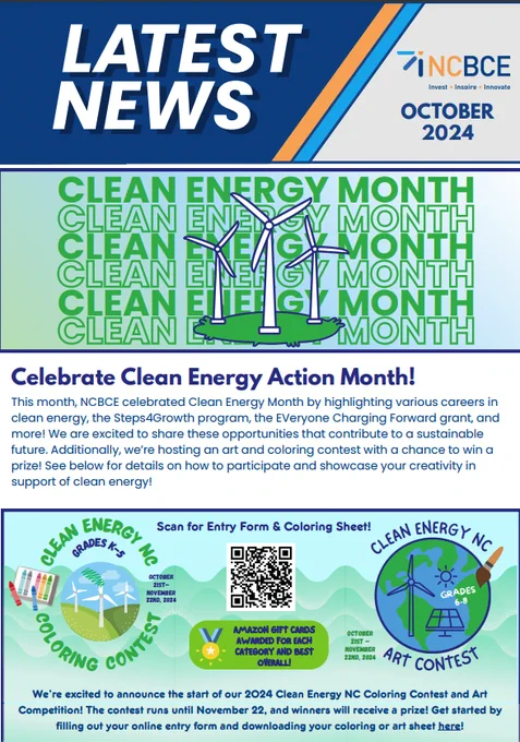 Enter today by completing the online entry form, along with submitting your art or coloring sheet, by following the steps below under "How to Enter". Winners will be notified via email and announced on our social media channels the week of December 16th- December 20th, 2024. 

If you have any questions, please contact cleanenergyNC@nc.gov and we will respond to your email as soon as possible.

Good luck!

--The Clean Energy NC/ STEPs4GROWTH Team