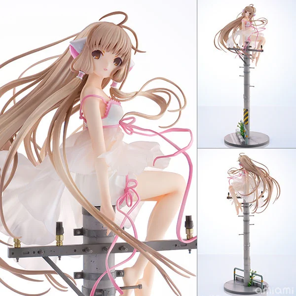 A figurine of Chi from Chobits sitting on top of a telegraph pole. She has long, flowing blonde hair, is barefoot, and is wearing a white dress with pink ribbons. The image shows a close-up of Chi on the left, and two zoomed-out images on the right show the full figure from the front and back.