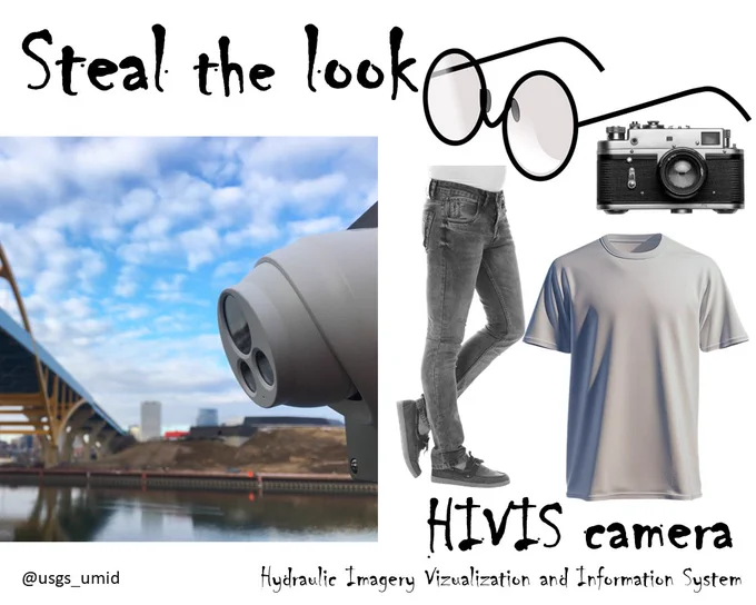 Hydraulic Imagery Vizualization and Information System (HIVIS) camera 📸: Blend in with your surroundings with a cool gray outfit, and accessorize with some round spectacles and of course, a camera! Take some photos of your surroundings at your Halloween party and share them online, such as at https://apps.usgs.gov/hivis/.