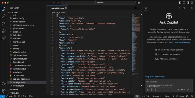 A screenshot of VS Code showing the Copilot Chat view on the right hand side in the Secondary Side Bar