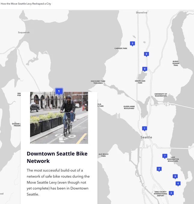 Screenshot of the storymap showing a map of seattle with 9 projects marked. The first is about the downtown Seattle bike network.