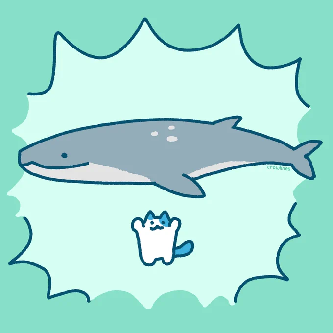 Drawing of a small cat holding up a large whale