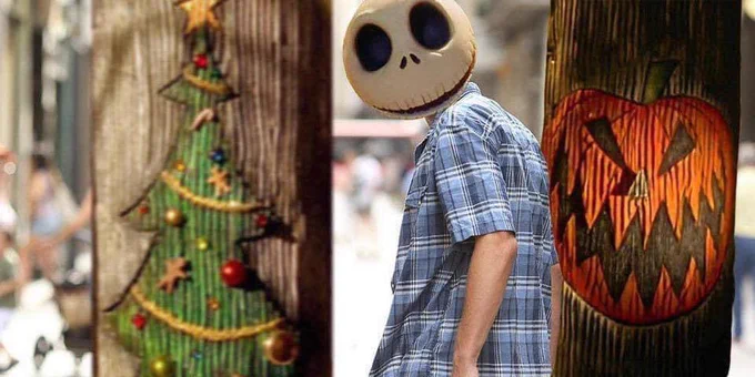 The meme where the boyfriend is checking out another woman walking down the street, only it’s Jack from The Nightmare Before Christmas checking out the Christmas Town portal.