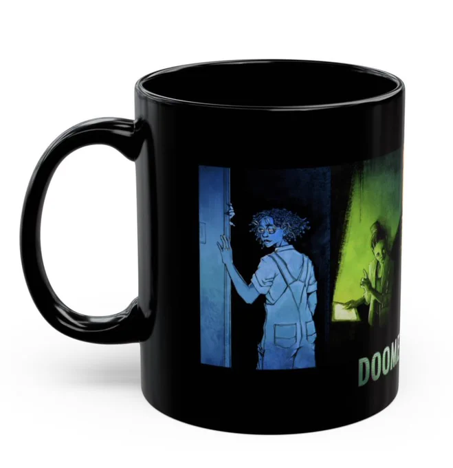 An image of a black mug. On it is the season 3 art of the characters from Doomed to Repeat. On the side facing us is Warp in varying shades of blue. They are a young, femme Black person with chin length hair in twists. The secondary lenses of their glasses are flipped up. They wear overalls over a collared shirt. They stand with her back facing us, left hand on a door jam. Above Warp's hand, is a second hand with longer nails. It is clear that this is not Warp's hand. Next to them, in shades of green, we see part of Boomer. Boomer is a Latina woman with her hair in a high bun on her head. She has one finger raised as she looks at a computer screen. 