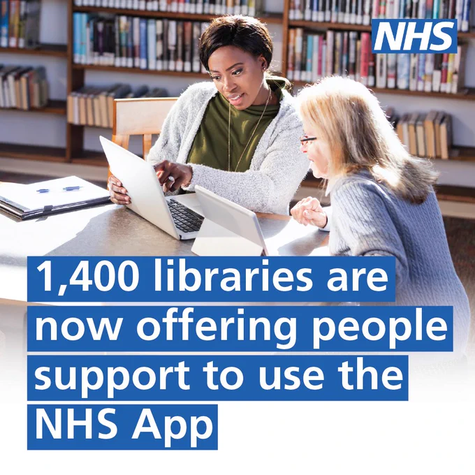 Two women sat in a library, one providing digital assistance on a laptop to the other, who is using a tablet. Text reads '1,400 libraries are now offering people support to use the NHS App.' NHS logo in the top right corner. Background shows bookshelves filled with books.