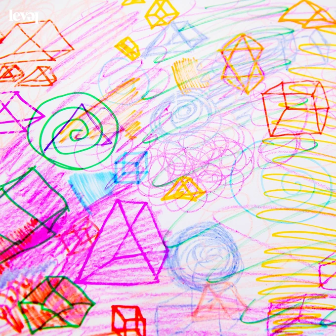 A close up of part of a colourful drawing full of scribbles and shapes like triangles, squares and spirals.