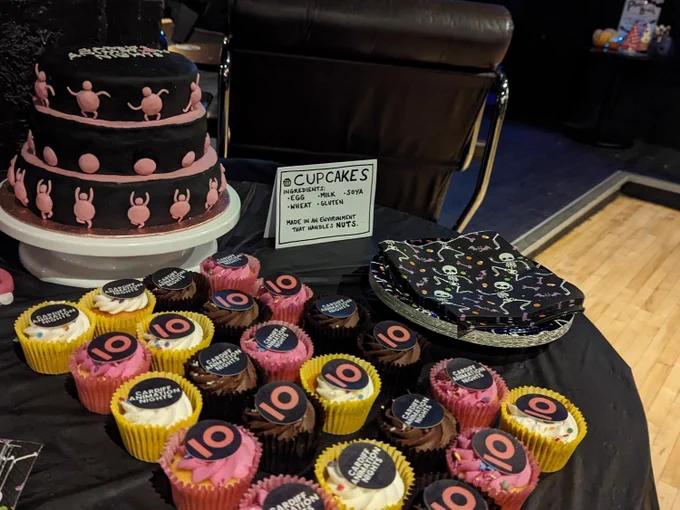 A round table with a black tablecloth. On it is a large black and pink birthday cake and smaller cupcakes. Labels on the cupcakes say “Cardiff Animation Nights” and “10”. Also on the table is a sign that provides allergy information for the cupcakes, as well as paper plates and serviettes. 