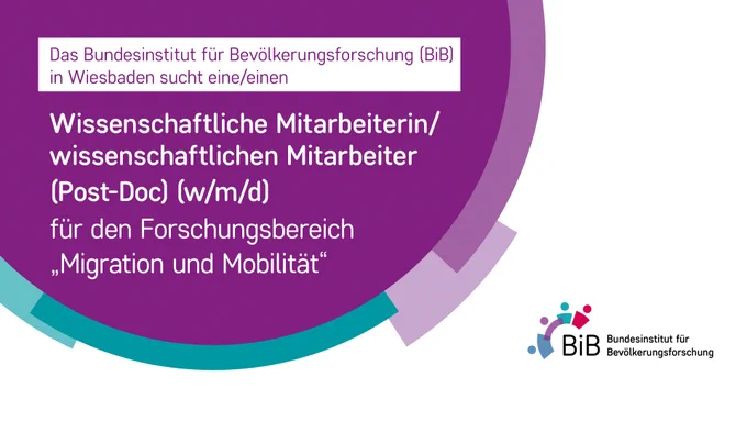Grafik in Lila und Türkis mit dem Logo des BiB (Bundesinstitut für Bevölkerungsforschung). Text: Das Bundesinstitut für Bevölkerungsforschung (BiB) in Wiesbaden sucht eine/einen wissenschaftliche Mitarbeiterin/wissenschaftlichen Mitarbeiter (Post-Doc) (w/m/d) für den Forschungsbereich ‚Migration und Mobilität‘.