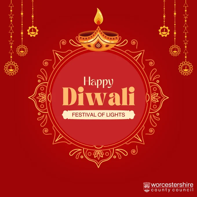 A dark red image with decorative gold lights and hanging baubles, with wording in the middle that reads 'Happy Diwali Festival of lights'. Worcestershire County Council logo is bottom right.
