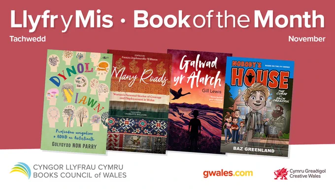 Graffeg yn arddangos Llyfrau'r Mis, mis Tachwedd.

Cloriau Llyfrau'r Mis ar gefndir pinc:

- Dynol Iawn - Gol. Non Parry
- Many Roads -  Gol. Faaeza Jasdanwalla-Williams
- Galwad yr Alarch - Gill Lewis, addas. Elen Williams
- Nobody's House - Baz Greenland  

Logo Cyngor Llyfrau Cymru, gwales.com a Cymru Greadigol