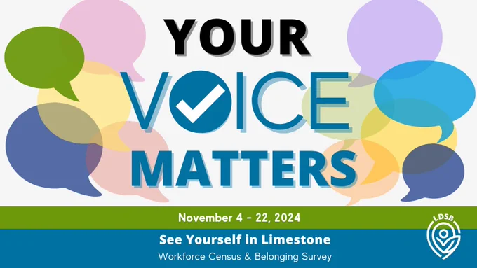 Image description: Graphic with white background and multi-coloured speech bubbles with black text that says Your Voice Matters. There is a green and blue horizontal bars with white text saying See Yourself in Limestone Workforce Census and Belonging Survey November 4 to 22, 2024. There is a LDSB icon logo in the bottom right corner.