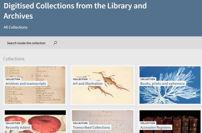 A screen grab of a page from the website titled 'Digitised collections from the Library and Archives.