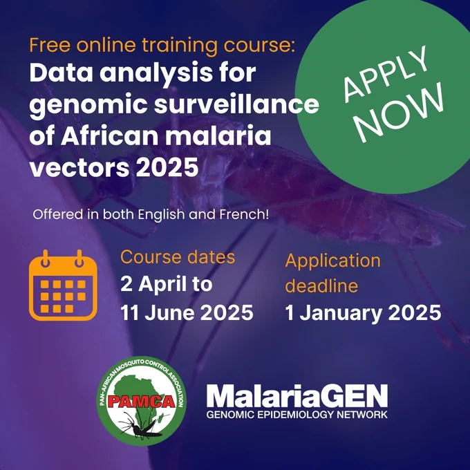 Free online training course: data analysis for genomic surveillance of African malaria vectors 2025

Offered in both English and French!

Course dates: 2 April to 11 June 2025
Application deadline: 1 January 2025