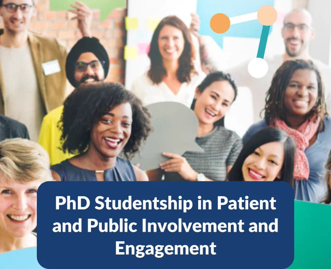 PhD Studentship in Patient and Public Involvement and Engagement. Group of diverse people smiling and holding speech bubble cutouts