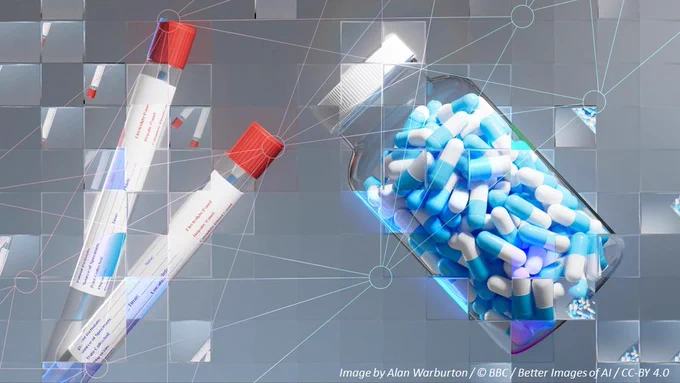 A photographic rendering of medical swabs and pills in a jar seen through a refractive glass grid, overlaid with a diagram of a neural network. Image by Alan Warburton / © BBC / Better Images of AI / Medicine / CC-BY 4.0
