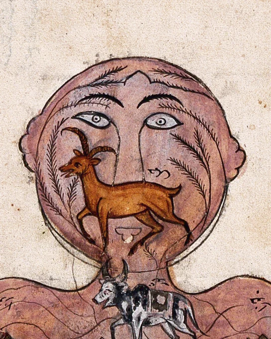 Alt text: A close up of zodiac man's face, his perfectly spherical head with a deer across his face.