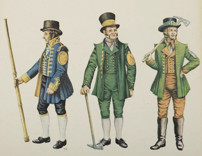 A coloured print showing three different uniforms worn by private firefighters employed by insurance companies. One uniform features blue jacket and trousers, and gold facings. The second is a uniform with green waistcoat, jacket and trousers. The third uniform features yellow waistcoat and trousers with a green jacket. All three uniforms have top hats and a company mark on the right arm