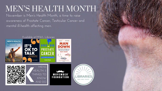 
The background is grey, with a close-up of a chin, lips, and moustache to the right hand of the image. The heading reads 'Men's Health Month' with the main text reading 'November is Men’s Health Month, a time to raise awareness of Prostate Cancer, Testicular Cancer and mental ill-health affecting men.' Below the main text is a subheading 'Available at MWL Libraries', beneath which are the covers of 4 books on mens health 'Mens Health', 'Its ok to talk', Prostrate Cancer', and 'Man Down'. At the bottom of the image is a QR code linking to 'https://uk.movember.com/mens-health/general' next to the text 'Mens Health: 5 things to know and do', the logo for the Movember Foundation and the logo for MWL Libraries.