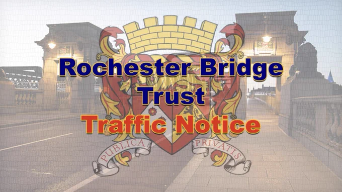 The main part of the image is text that says: Rochester Bridge Trust Traffic Notice. Behind that is a faint red and gold crest. Behind that, faded out, is a photograph taken from one end of Rochester's Old Bridge. A little area of pavement and of tarmac road can be seen at the bottom of the image but the structure of the bridge itself is not visible. To the sides the stone porticoes over the footway are visible, with one lion statue appearing as a black shape on the right.