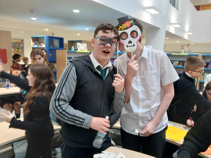 S4 pupils wearing funny face masks