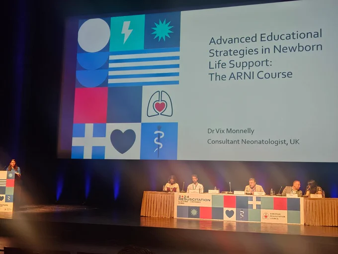 An image of the stage at the ERC's conference during a session on advanced educational strategies in newborn life support. 