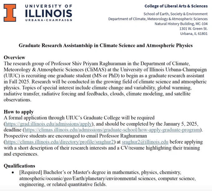 Graduate Research Assistantship in Climate Science and Atmospheric Physics at the University of Illinois Urbana-Champaign