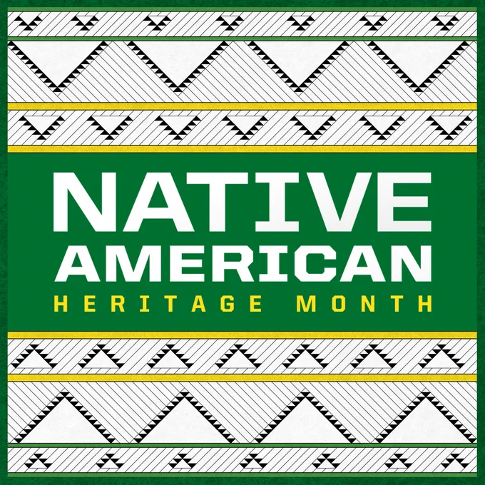 Poster celebrating Native American Heritage Month, resembling the tribal pattern of the UO Home Flight blankets in black and white, with the text 'NATIVE AMERICAN HERITAGE MONTH' in bold, green letters centered on a striped green and white background.