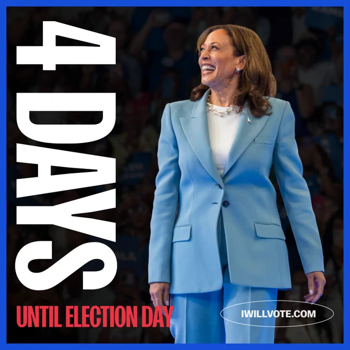 A graphic with an image of Vice President Kamala Harris smiling with text that reads: 

4 DAYS UNTIL ELECTION DAY 

IWILLVOTE.COM