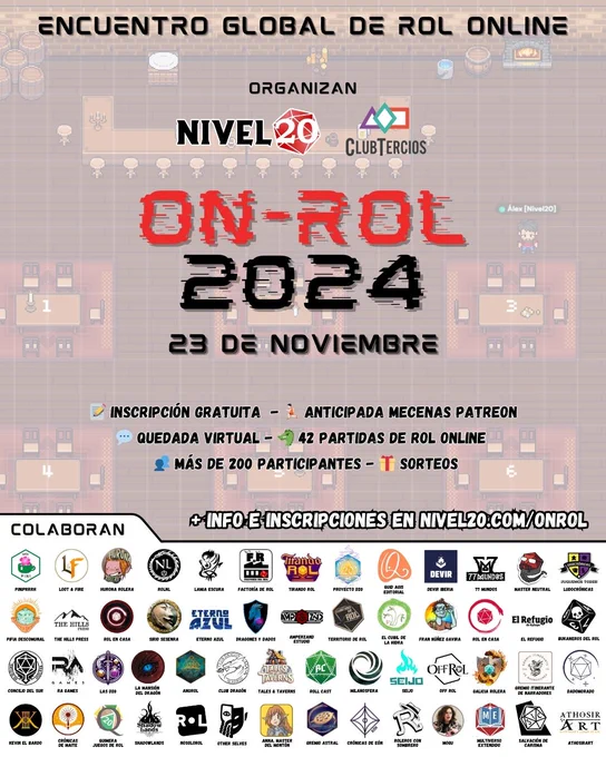 Cartel del evento On-Rol 2024 del 23 de noviembre. Encuentro global de rol online. Organizan Nivel20 y Club Tercios. Inscripción gratuita. Anticipada para mecenas de Patreon. Horarios España y Latinoamérica. Quedada virtual. Partidas de rol online. Sorteos. Abajo puede verse un listado con más de una veintena de proyectos colaboradores.