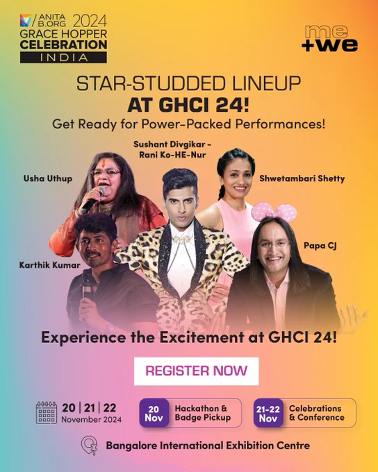 Image including information about GHCI 24 lineup which includes performances by Usha Uthup, Sushant Divgikar, Swetambari Shetty, Karthik Kumar and Papa CJ, with music, comedy, and fitness sessions. Happening 20-22 Nov 2024 at Bangalore International Exhibition Centre. Register Now. Link in caption. 