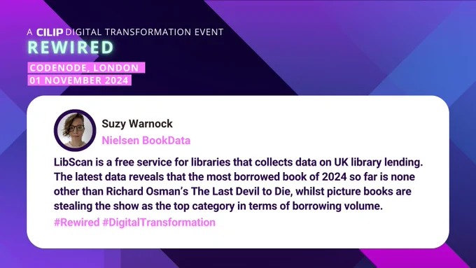 Tweet style graphic with text that reads 'Suzy Warnock Nielsen BookData LibScan is a free service for libraries that collects data on UK library lending. The latest data reveals that the most borrowed book of 2024 so far is none other than Richard Osman’s The Last Devil to Die, whilst picture books are stealing the show as the top category in terms of borrowing volume.'