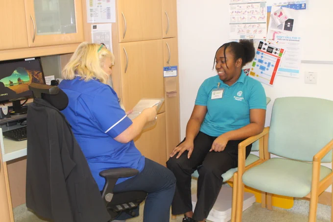 Jackie Haskey (L), Lymphoedema Specialist and Volunteer to Career coordinator at St Oswald’s Hospice, with Angie Suazo (R) (a participant in St Oswald's Hospice Volunteer to Career pathway).