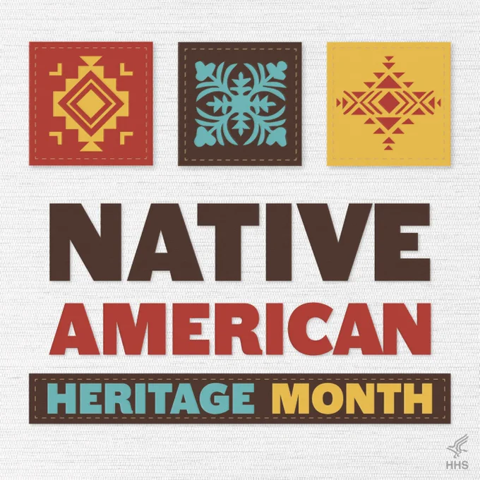 Text reads, Native American heritage Month. Image includes, red, orange, blue, brown, and yellow tribal patterns.  
