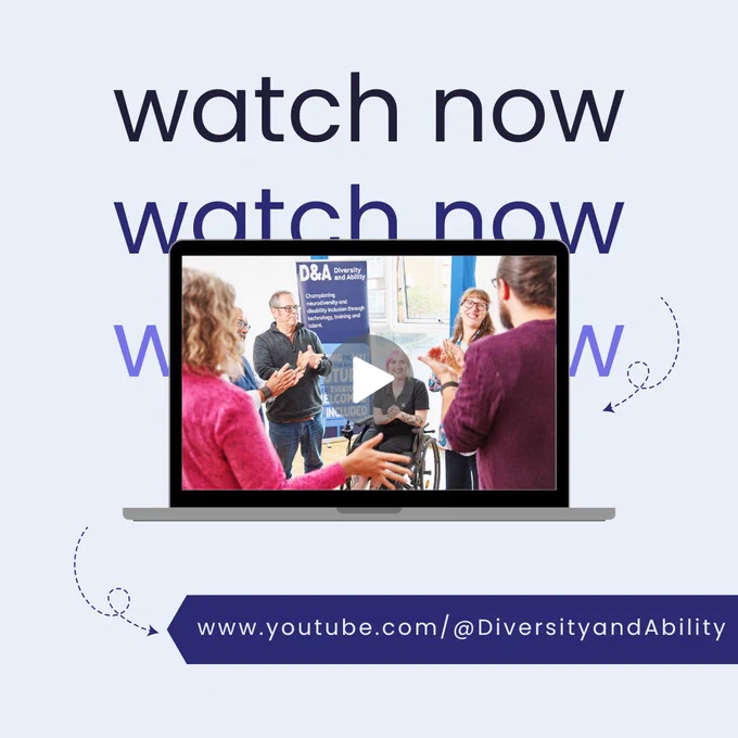 Text reads 'Watch now'. Underneath is a laptop playing a youtube video. At the bottom text reads 'www.youtube.com/@DiversityandAbility'