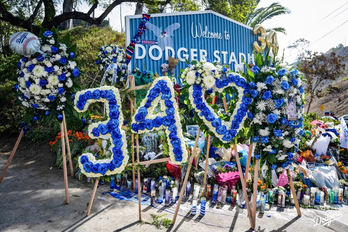 A photo of the memorial for Fernando Valenzuela outside of Dodger Stadium.