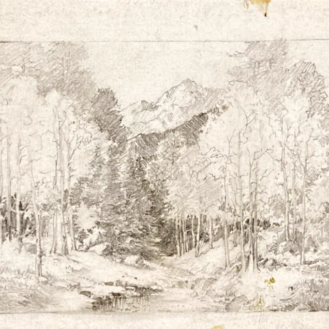 Pencil sketch of mountain scene, likely Long's Peak.  A creek lined with trees in the foreground. 