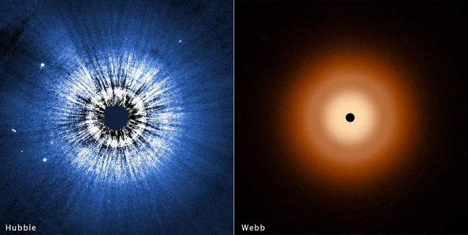 A two-panel image split down the middle vertically. At the left is the Vega disk as imaged by the Hubble Space Telescope. The disk is perfectly circular, and at the center is a larger black spot blocking the bright glow of a star. Closer to the center, the disk is white. Radial striations extend out from the center, giving a ripple effect to the disk like the end of a sausage casing. The outer edge of the circular disk is blue. At the right, the Webb image of the Vega disk is an orange colored, smooth, fuzzy halo. At the center is also a black spot blocking the bright glow of the star, but is significantly smaller. The inner disk is whiter toward the center, and there is darker circular lane between the inner disk and the more orange outer disk. The disk is also perfectly circular.