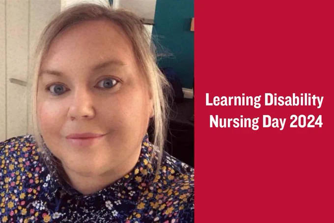 Portrait of a smiling person with light hair, wearing a patterned top. To the right, a red background shows the text 'Learning Disability Nursing Day 2024' in white