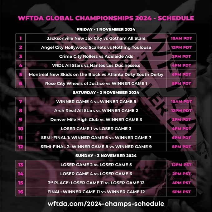 Graphic showing the 2024 WFTDA Global Championships Schedule - text version available at wftda.com/2024-champs-schedule