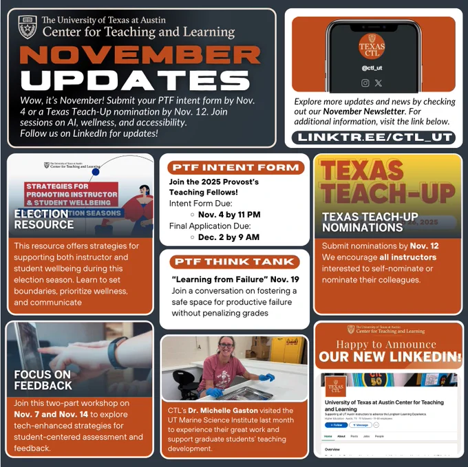 UT Austin Center for Teaching and Learning - November Updates

Submit Deadlines:

PTF Intent Form: Due Nov. 4 by 11 PM
Texas Teach-Up Nominations: Due Nov. 12
Upcoming Sessions:

Topics: AI, wellness, accessibility
Wellness Resources: Supporting instructor and student wellbeing during election season
Events:

PTF Think Tank - "Learning from Failure": Nov. 19
Discuss creating safe spaces for productive failure
Feedback Workshop: Nov. 7 and Nov. 14
Tech-enhanced strategies for student-centered feedback