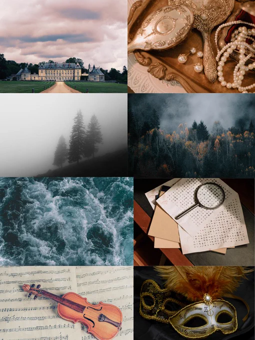 Mood board for the book I'm querying--what's pictured: mansion, brush, pearl necklace, eerie vibes/fog, sea, magnifying glass, violin and sheet music, and mask.