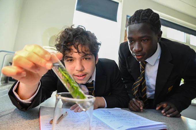 Photo of two older secondary students in a science class.