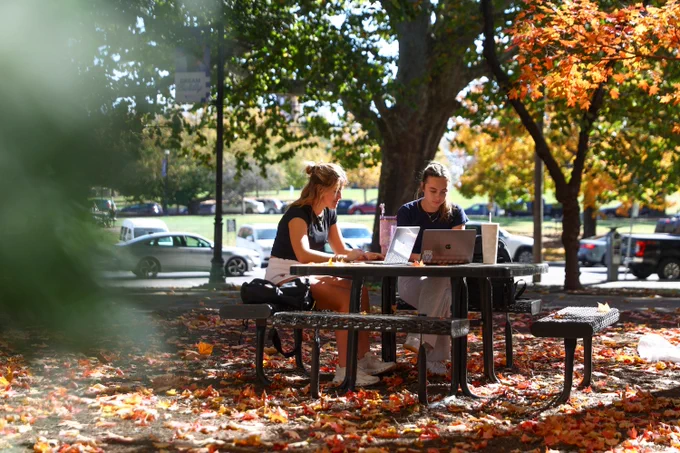 Two individuals working on laptops at a picnic table on campus surrounded by autumn leaves.