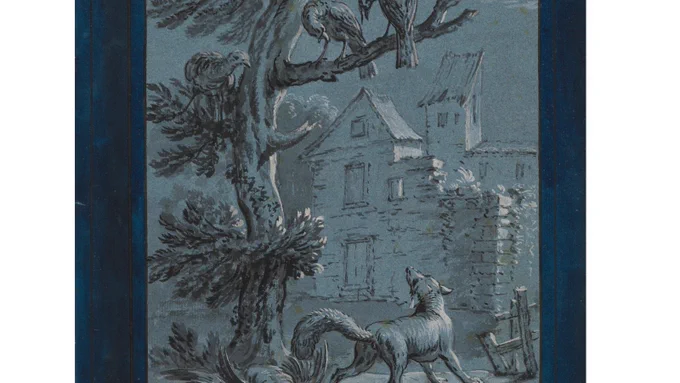 Gray and black picture with old house in background, a wolf, and a large bird in a tree looking down at the wolf.
