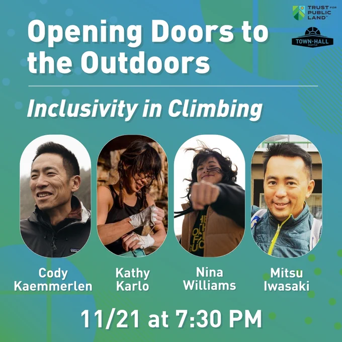 Promotional image for an event titled 'Opening Doors to the Outdoors: Inclusivity in Climbing' featuring headshots of Cody Kaemmerlen, Kathy Karlo, Nina Williams, and Mitsu Iwasaki, set against an abstract blue/green background. Event details include date and time: November 21 at 7:30 PM. The logos for Town Hall Seattle and Trust for Public Land are at the top.