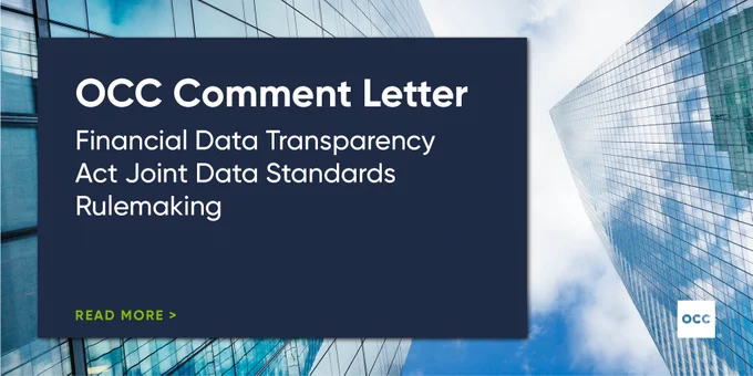 OCC image featuring a skyscraper backdrop that says, "OCC Comment Letter - Financial Data Transparency Act Joint Data Standards Rulemaking. Read More." 